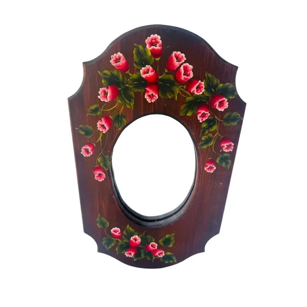 Vintage Hand Painted Floral Wood Wall Mirror Folk Art Pink Flowers